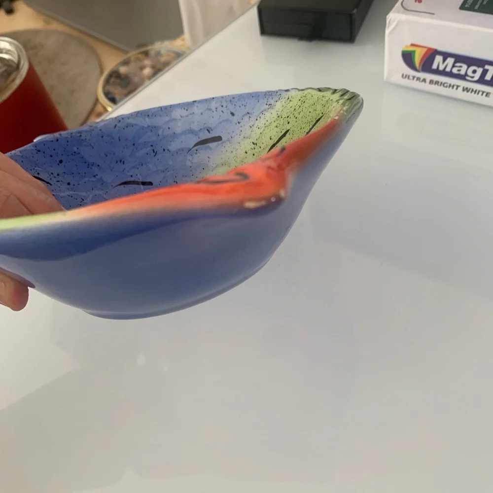 Vintage 1999 Suvannah Warren Signed Ceramic Fish Bowl Dish Hand Painted Signed